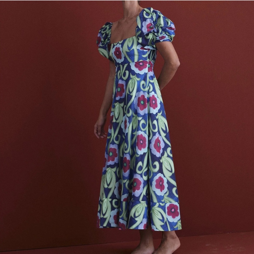 DE LORETA Blue Puff Sleeve Midi Sundress for Wedding Guest